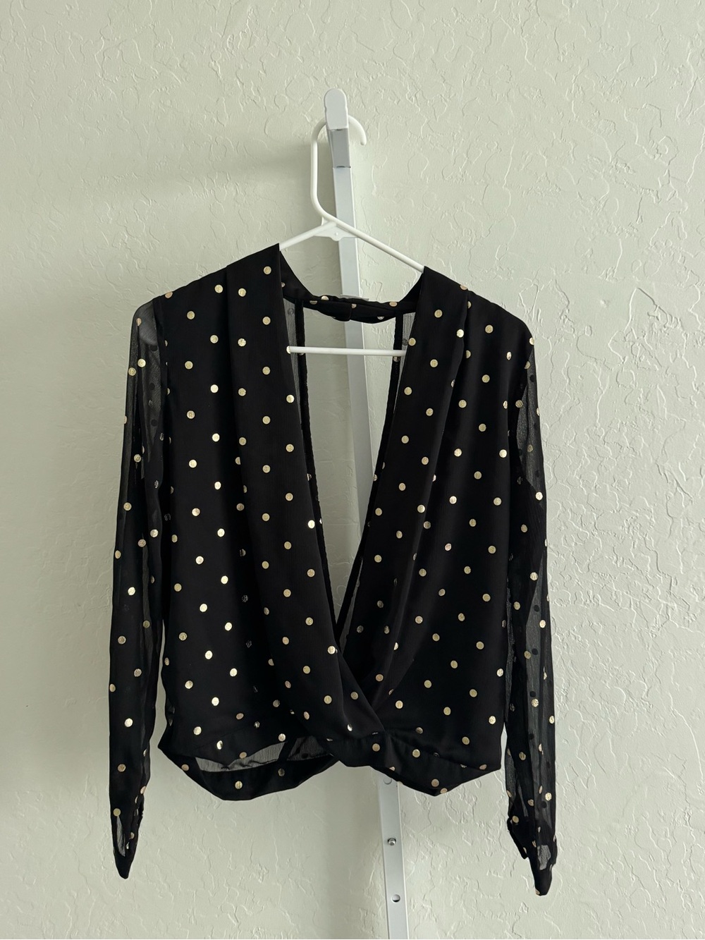 Lovers + Friends Black Sheer Wrap Blouse with Gold Polka Dots